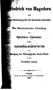 Friedrich von Hagedorn und seine bedeutung für die deutsche literatur by Schuster, Hermann