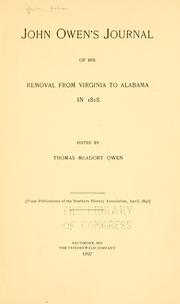 Cover of: John Owen's journal of his removal from Virginia to Alabama in 1818.