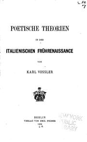 Cover of: Poetische theorien in der italienischen frührenaissance