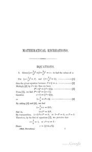 Cover of: Mathematical recreations: containing solutions of many very difficult and important equations, and of several useful problems in geometry, surveying and astronomy, together with a method of finding roots and equations by projection.