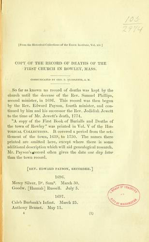 Copy of the record of deaths of the First Church in Rowley, Mass. by George B. Blodgette