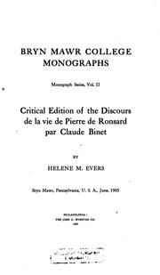 Cover of: Critical edition of the Discours de la vie de Pierre de Ronsard par Claude Binet