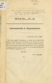 Resolve and declaration by Massachusetts. General Court. Joint special committee on the treatment of Samuel Hoar by the state of South Carolina.