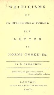Cover of: Criticisms on The diversions of Purley in a letter to Horne Tooke