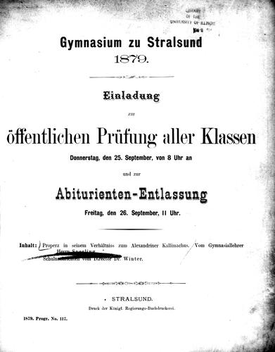 Properz in seinem Verhältniss zum Alexandriner Kallimachus by Klaus Sperling