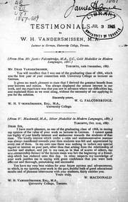 Cover of: Testimonials to W.H. VanderSmissen, M.A., lecturer in German, University College, Toronto | 