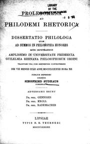 Cover of: Prolegomena ad Philodemi Rhetorica: dissertatio philologa quam ...