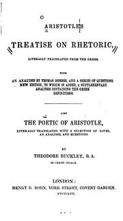 Cover of: Aristotle's Treatise on Rhetoric: Literally Translated; with Hobbes' Analysis, Examination ...