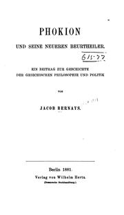 Cover of: Phokion und seine neueren Beurtheiler: Ein Beitrag zur Geschichte der griechischen Philosophie ...