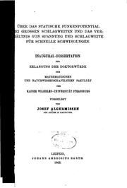 Cover of Über das statische funkenpotential bei grossen schlagweiten und des verhältnis von spanning und schlagweite f ür schnelle schwingungen .. by josef algermissen