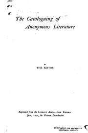 Cover of: The Cataloguing of Anonymous Literature