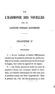Cover of: De l'harmonie des voyelles dans les languages ouralo-altaiques