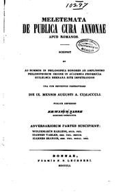 Cover of: Meletemata de publica cura annonae apud Romanos ...