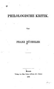 Cover of: Philologische Kritik by Franz Bücheler