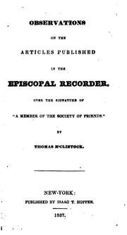 Cover of: Observations on the Articles Published in the Episcopal Recorder: Over the Signature of "A ...