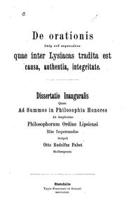 Cover of: De orationis Hyper tou stratiōtou quae inter Lysiacas tradita est causa, authentia, integritate