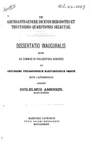 Cover of: De abundanti genere dicendi Herodoteo et Thucydideo quaestiones selectae: Dissertatio inauguralis by 