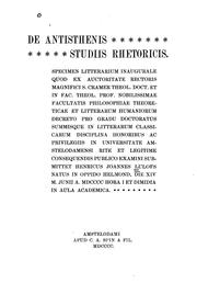 Cover of: De Antisthenis studiis rhetoricis: Specimen litterarium inaugurale quod ...