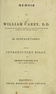 Cover of: Memoir of William Carey, D. D. by Eustace Carey