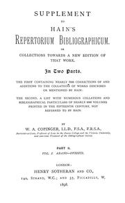 Cover of: Supplement to Hain's Repertorium bibliographicum by Walter Arthur Copinger