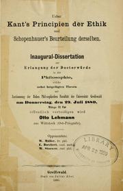 Cover of Ueber Kant's Principien der Ethik und Schopenhauer's Beurteilung derselben by Otto Lehmann