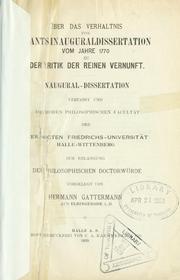 Cover of: Über das Verhältnis von Kants Inaugural-Dissertation vom Jahre 1770 zu der Kritik der reinen Vernunft