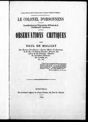 Cover of: Le colonel d'Orsonnens, considérations sur l'organisation militaire de la confédération canadienne observations, critiques by Paul de Malijay