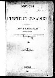 Cover of: Discours sur l'Institut canadien