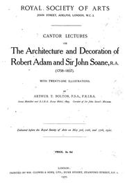 Cover of: Cantor lectures on the architecture and decoration of Robert Adam and Sir John Soane...