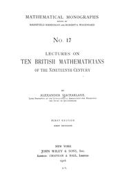 Cover of: Lectures on ten British mathematicians of the nineteenth century