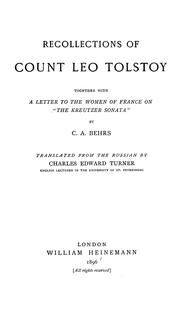 Cover of: Recollections of Count Leo Tolstoy by C. A. Behrs, C. A. Behrs