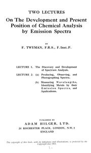 Cover of: Two lectures on the development and present position of chemical analysis by emission spectra