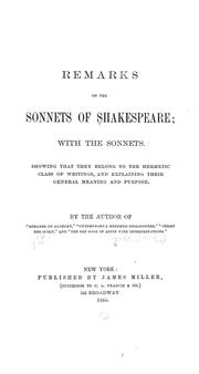 Cover of: Remarks on the Sonnets of Shakespeare; with the Sonnets by Ethan Allen Hitchcock