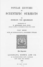 Cover of: Popular lectures on scientific subjects by Hermann von Helmholtz
