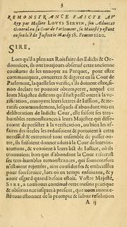 Cover of: Remonstrance Faicte av Roy: Par Mre. Lovis Servin son Advocat General en sa Cour de Parlement, sa Majesté y estant en son lict de Iustice: Le Mardy 18. Feburier 1620.