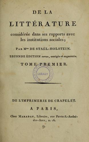 De la littérature by Madame de Staël | Open Library