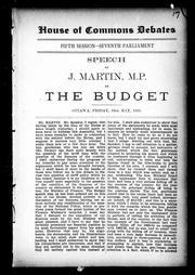 Cover of: Speech of J. Martin, M.P., on the budget: Ottawa, Friday, 10th May, 1895
