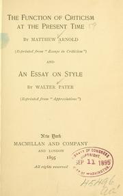 Cover of: The function of criticism at the present time by Matthew Arnold