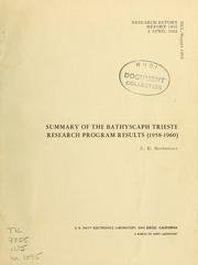 Cover of: Summary of the bathyscaph Trieste research program results: (1958-1960)