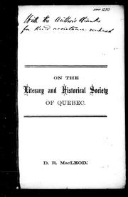 Cover of: On the Literary and Historical Society of Quebec