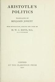 Cover of: Aristotle's Politics by tr. by Benjamin Jowett; with introduction, analysis and index by H. W. C. Davis