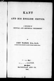 Cover of: Kant and his English critics by John Watson