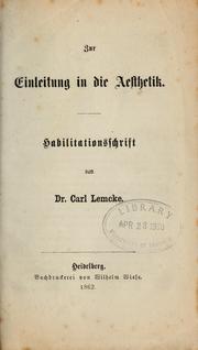 Cover of: Zur Einleitung in die Aesthetik