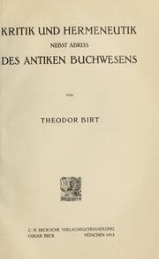 Cover of: Kritik und Hermeneutik: nebst Abriss des antiken Buchwesens