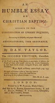 Cover of: An humble essay on Christian baptism: with two letters to the Rev. Stephen Addington, concerning the subjects and mode of baptism