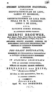 Cover of: Specimen literarium inaugurale, continens disputatiunculam de lupo: lamiis et mormone, additis ...