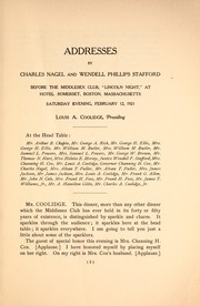 Cover of: Lincoln night, Middlesex Club, Boston, February 12, 1921: addresses by Charles Nagel, Wendall Phillips Stafford