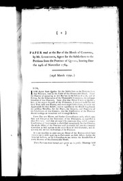 Cover of: Paper read at the Bar of the House of Commons, by Mr. Lymburner, agent for the subscribers to the petitions from the province of Quebec, bearing date the 24th of November, 1784 by Adam Lymburner