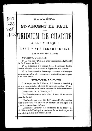 Triduum de charité à la basilique, les 6, 7, et 8 décembre 1878 (les hommes seuls admis)