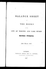 Balance sheet of the books of the City of Toronto and Lake Huron Railway Company by City of Toronto and Lake Huron Railway Company